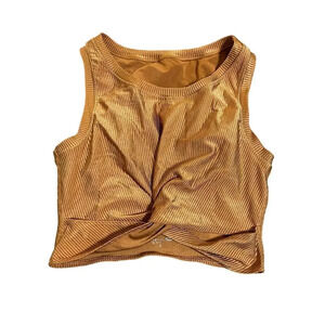 Aerie Offline SZ Large Metallic Short Sleeve Ribbed Crop Top Twist Front Knot